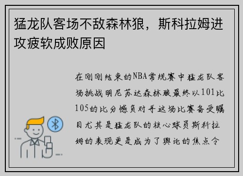 猛龙队客场不敌森林狼，斯科拉姆进攻疲软成败原因